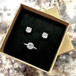 Sterling Silver Solitaire Ring & Pierced Solitaire Earring Set Sz 7 Nickel Free